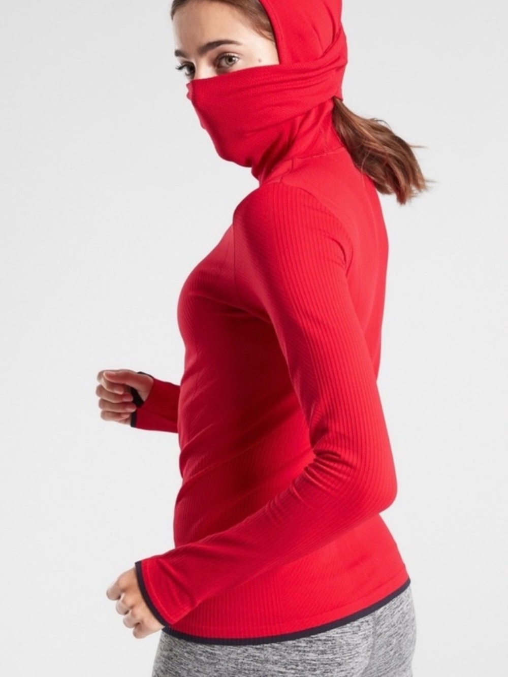 Athleta Flurry Balaclava Seamless Hoodie Red Base Layer Ski Snowboard Top M